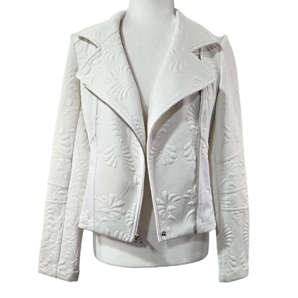 Express Ivory Cream Floral Embossed Moto Zip Cropped Jacket Unique Preppy